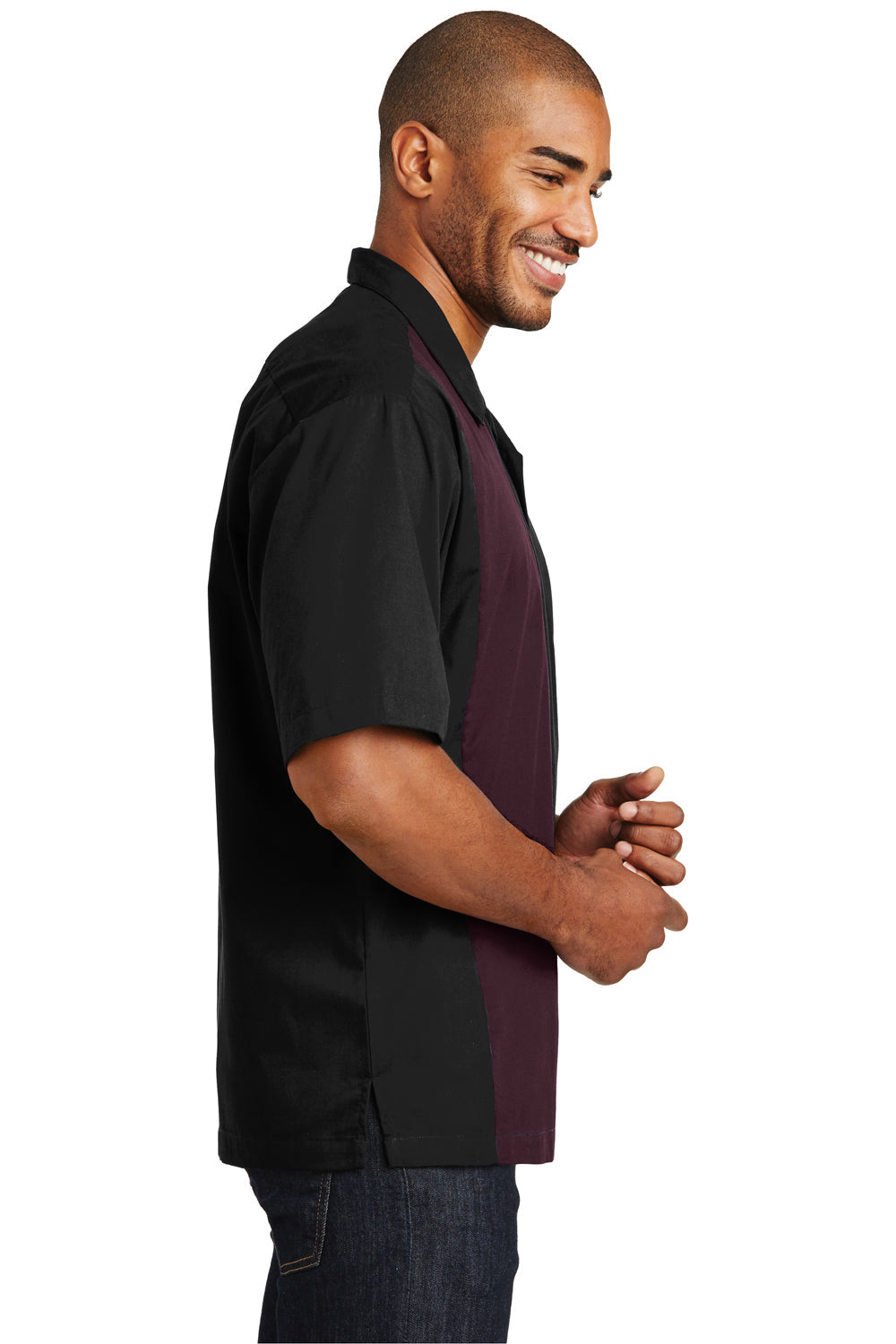 Mens Retro Easy Care Wrinkle Resistant Short Sleeve Button Down Camp Shirt - Black/Burgundy - Closeout