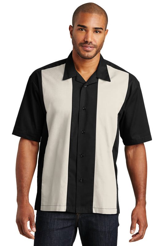 Mens Retro Easy Care Wrinkle Resistant Short Sleeve Button Down Camp Shirt - Black/Light Stone - Closeout