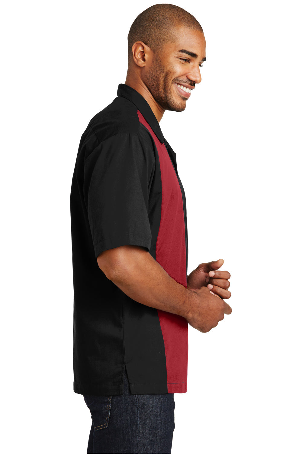 Mens Retro Easy Care Wrinkle Resistant Short Sleeve Button Down Camp Shirt - Black/Red - Closeout