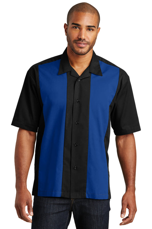 Mens Retro Easy Care Wrinkle Resistant Short Sleeve Button Down Camp Shirt - Black/Royal Blue - Closeout