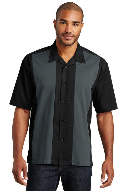 Mens Retro Easy Care Wrinkle Resistant Short Sleeve Button Down Camp Shirt - Black/Steel Grey - Closeout