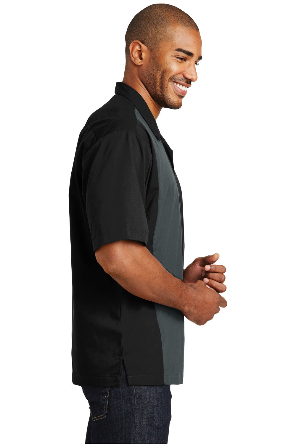 Mens Retro Easy Care Wrinkle Resistant Short Sleeve Button Down Camp Shirt - Black/Steel Grey - Closeout