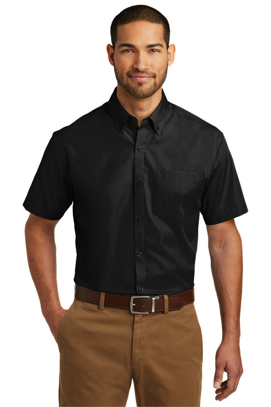 Mens Carefree Stain Resistant Short Sleeve Button Down Shirt w/ Pocket - Deep Black