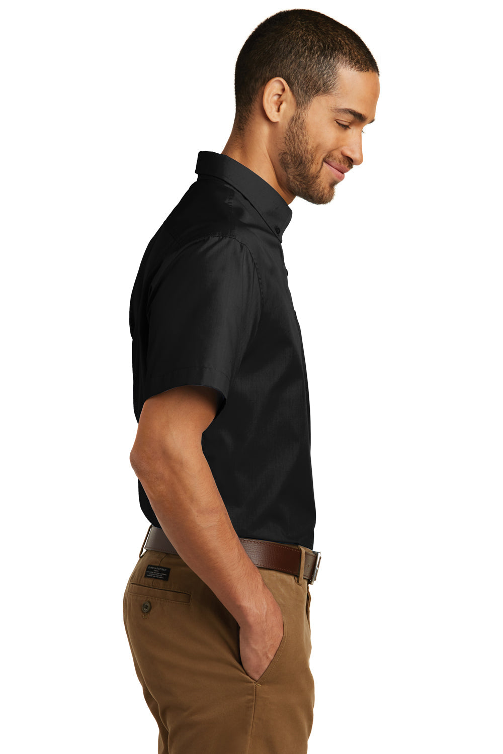 Mens Carefree Stain Resistant Short Sleeve Button Down Shirt w/ Pocket - Deep Black