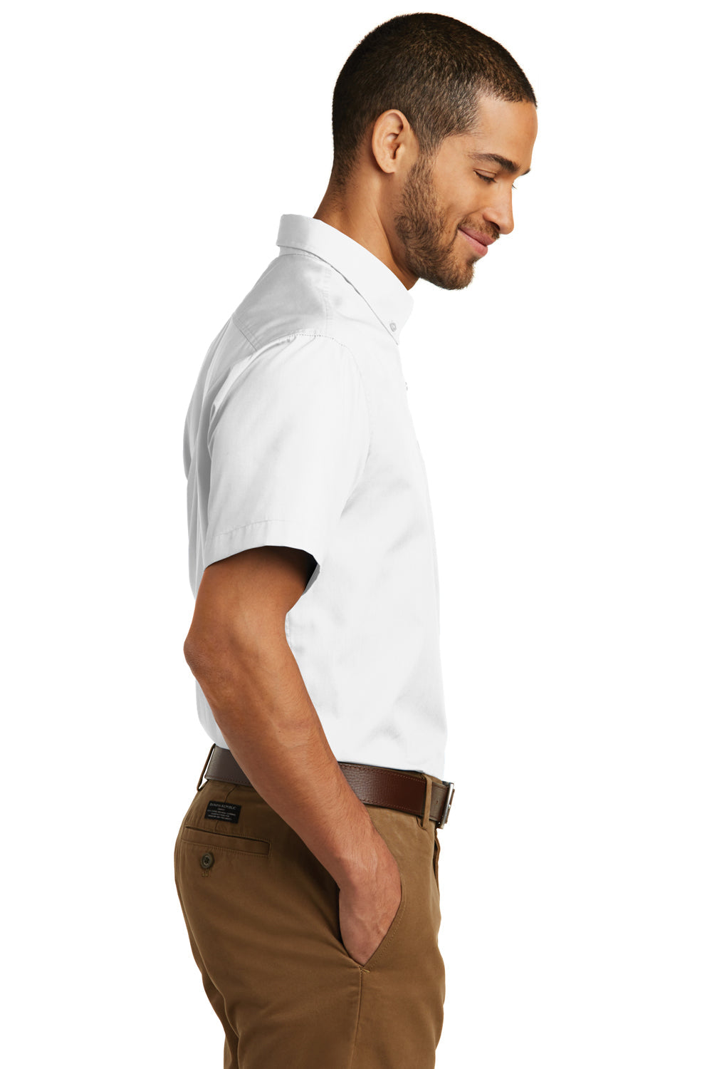 Mens Carefree Stain Resistant Short Sleeve Button Down Shirt w/ Pocket - White