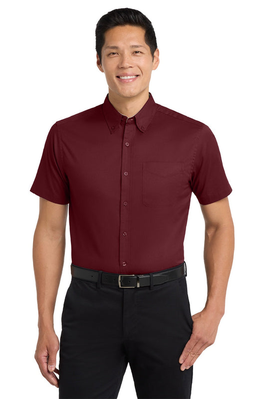 Mens Easy Care Wrinkle Resistant Short Sleeve Button Down Shirt w/ Pocket - Burgundy/Light Stone