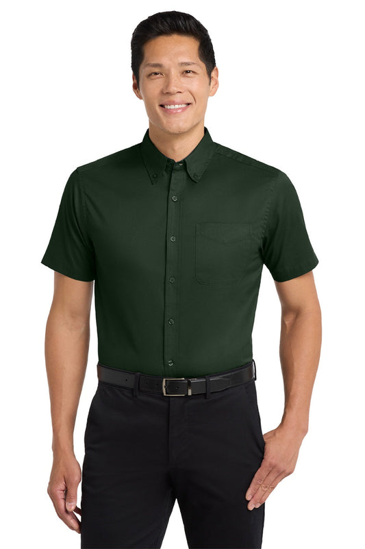 Mens Easy Care Wrinkle Resistant Short Sleeve Button Down Shirt w/ Pocket - Dark Green/Navy Blue