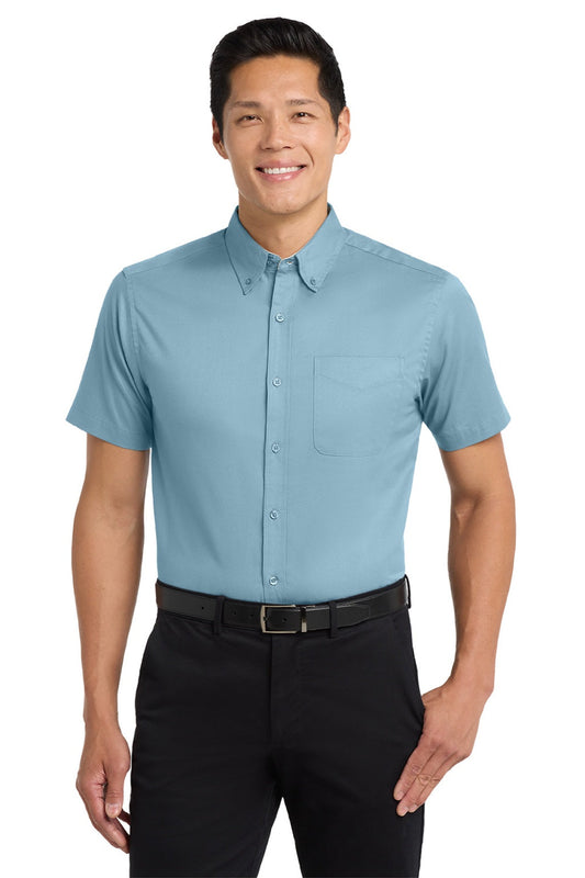 Mens Easy Care Wrinkle Resistant Short Sleeve Button Down Shirt w/ Pocket - Light Blue/Light Stone