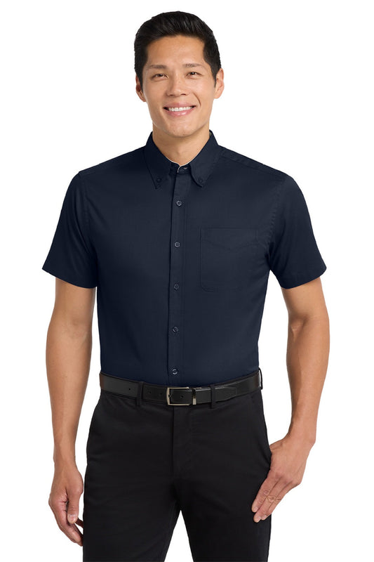 Mens Easy Care Wrinkle Resistant Short Sleeve Button Down Shirt w/ Pocket - Navy Blue/Light Stone