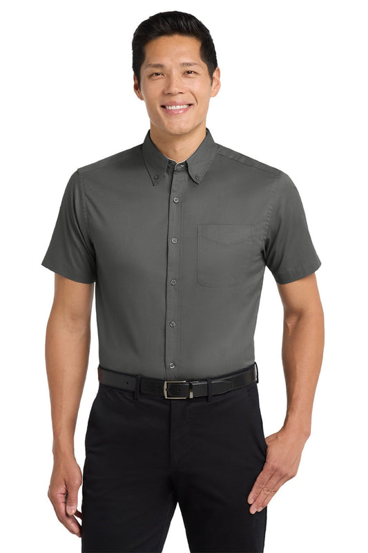 Mens Easy Care Wrinkle Resistant Short Sleeve Button Down Shirt w/ Pocket - Steel Grey/Light Sone
