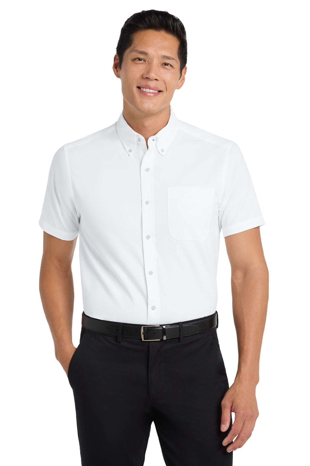 Mens Easy Care Wrinkle Resistant Short Sleeve Button Down Shirt w/ Pocket - White/Light Stone