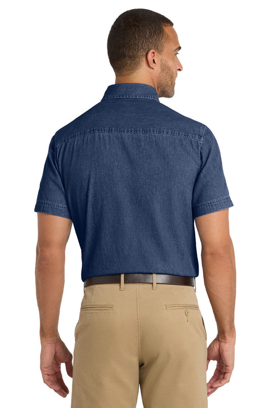 Mens Denim Short Sleeve Button Down Shirt w/ Pocket - Ink Blue