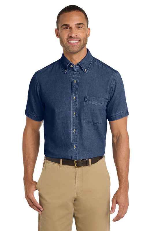 Mens Denim Short Sleeve Button Down Shirt w/ Pocket - Ink Blue
