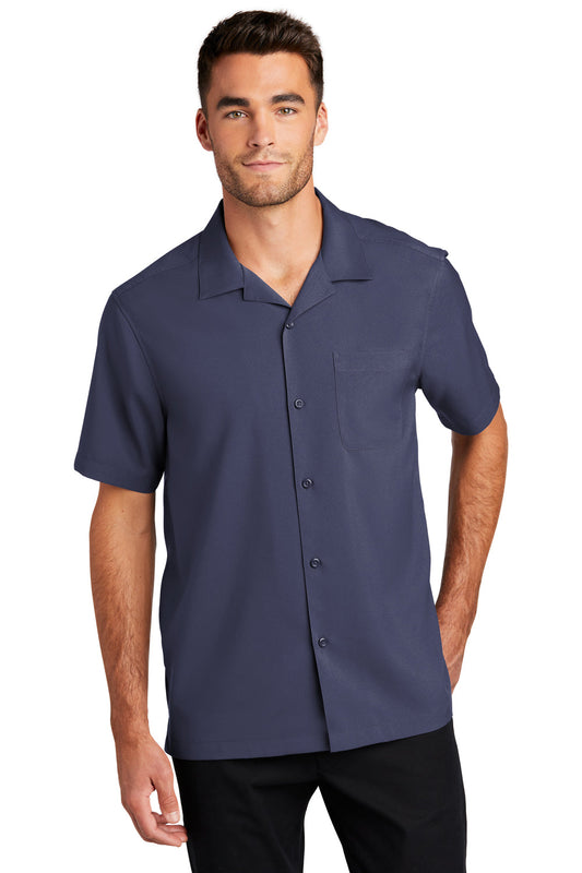 Mens Performance Moisture Wicking Short Sleeve Button Down Camp Shirt w/ Pocket - True Navy Blue