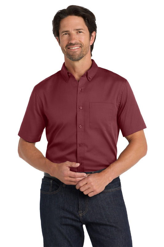 Mens SuperPro Wrinkle Resistant React Short Sleeve Button Down Shirt w/ Pocket - Burgundy