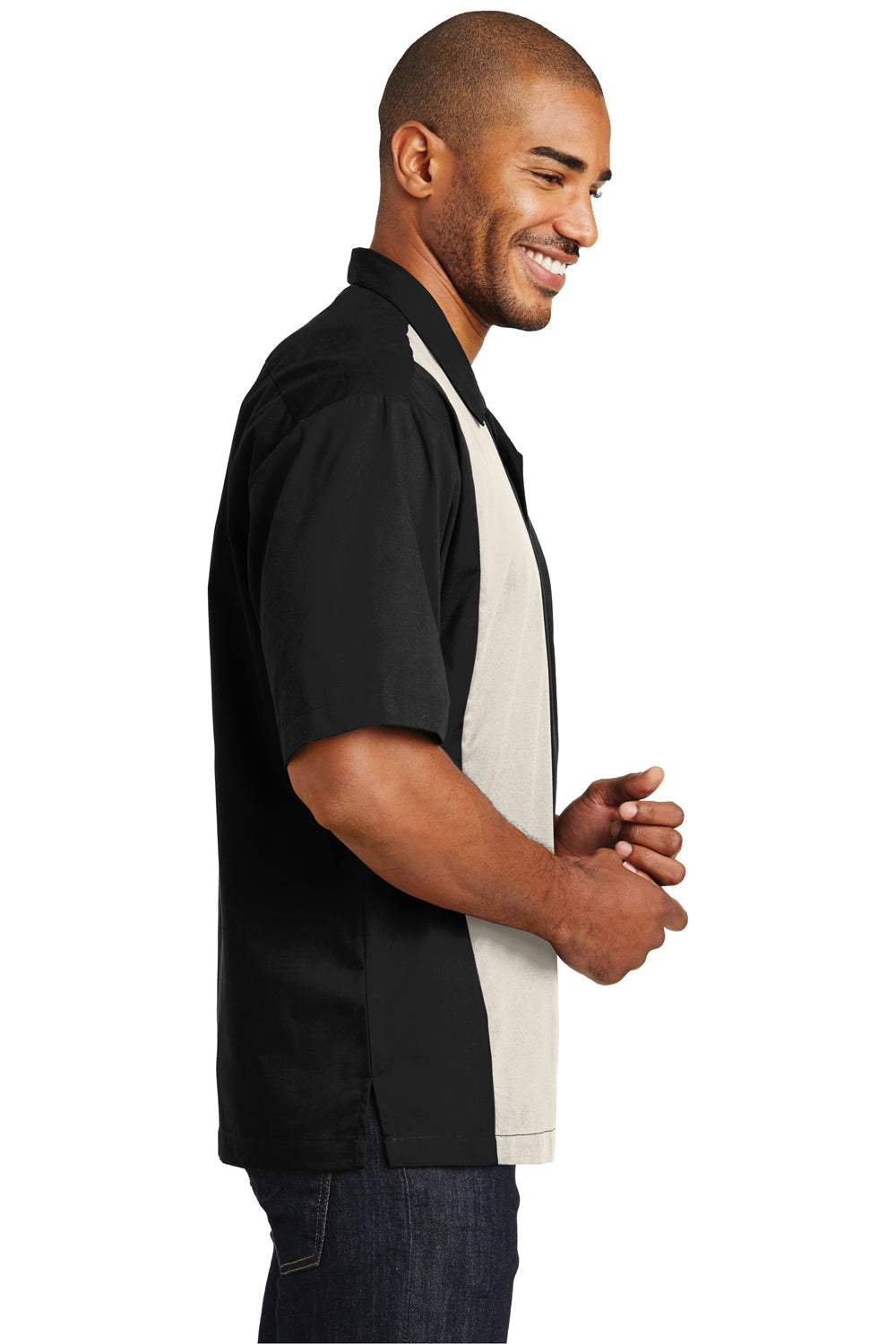 Mens Retro Easy Care Wrinkle Resistant Short Sleeve Button Down Camp Shirt - Black/Light Stone - Closeout