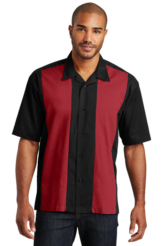 Mens Retro Easy Care Wrinkle Resistant Short Sleeve Button Down Camp Shirt - Black/Red - Closeout