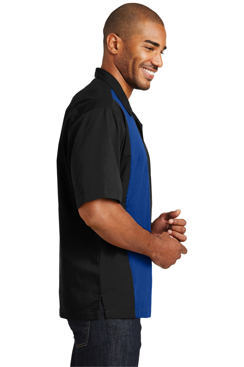 Mens Retro Easy Care Wrinkle Resistant Short Sleeve Button Down Camp Shirt - Black/Royal Blue - Closeout