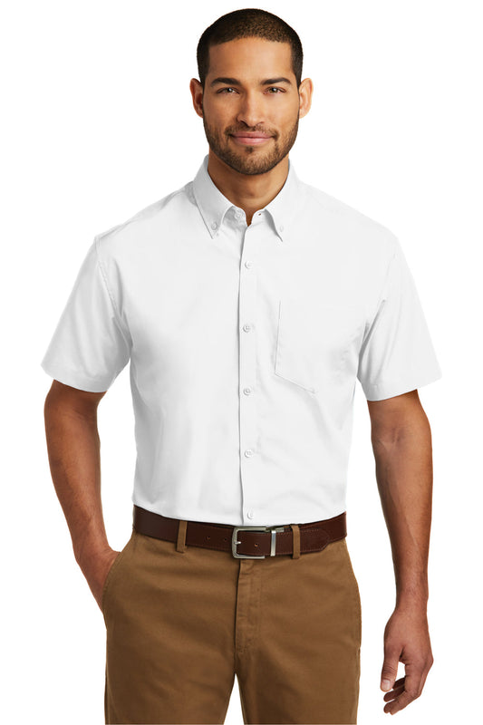 Mens Carefree Stain Resistant Short Sleeve Button Down Shirt w/ Pocket - White